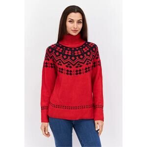 [Tommy Hilfiger] Red Black Fair Isle Nordic Print Chunky Turtleneck Sweater XL